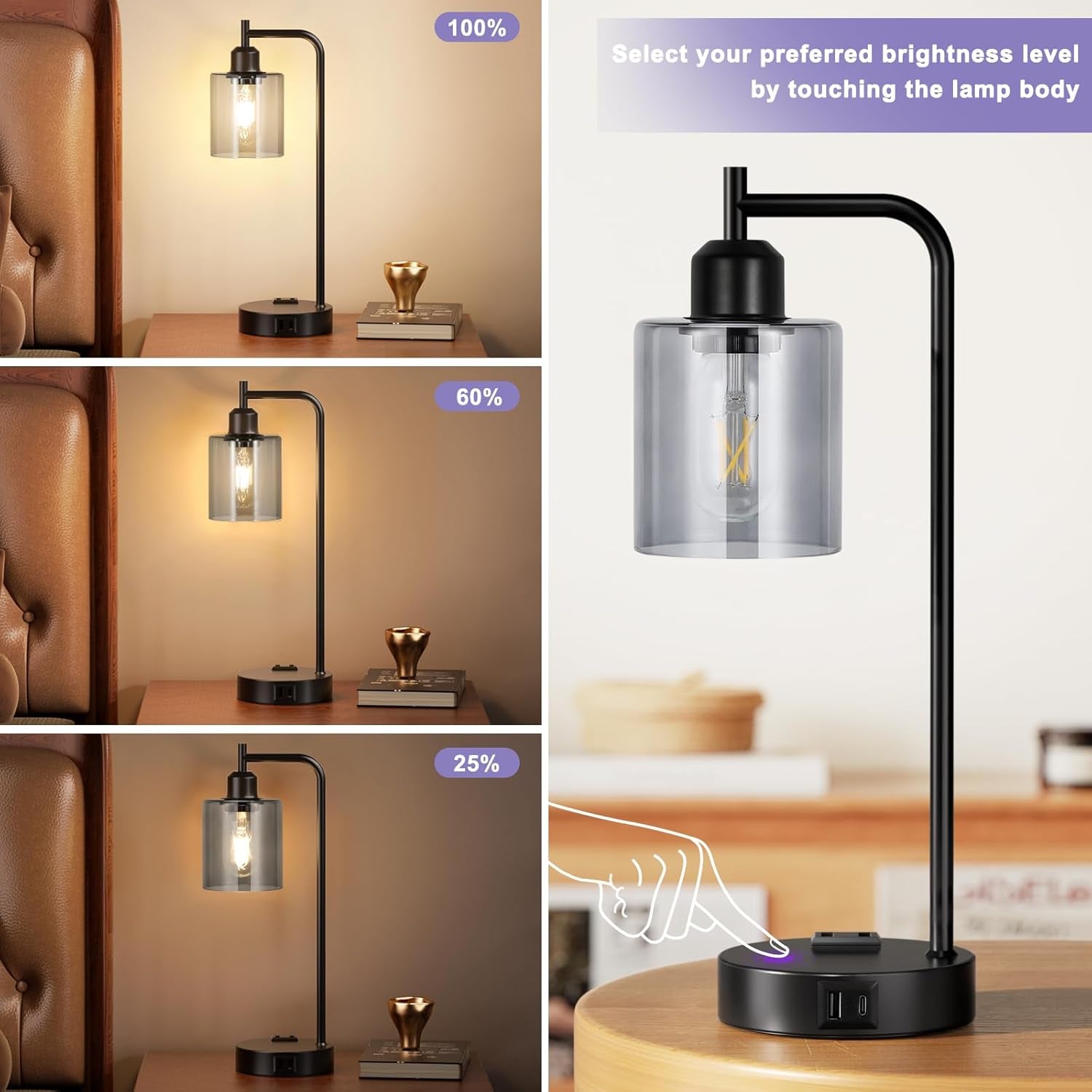 Industrial Touch Bedroom Lamps Set 2-3-Way Dimmable