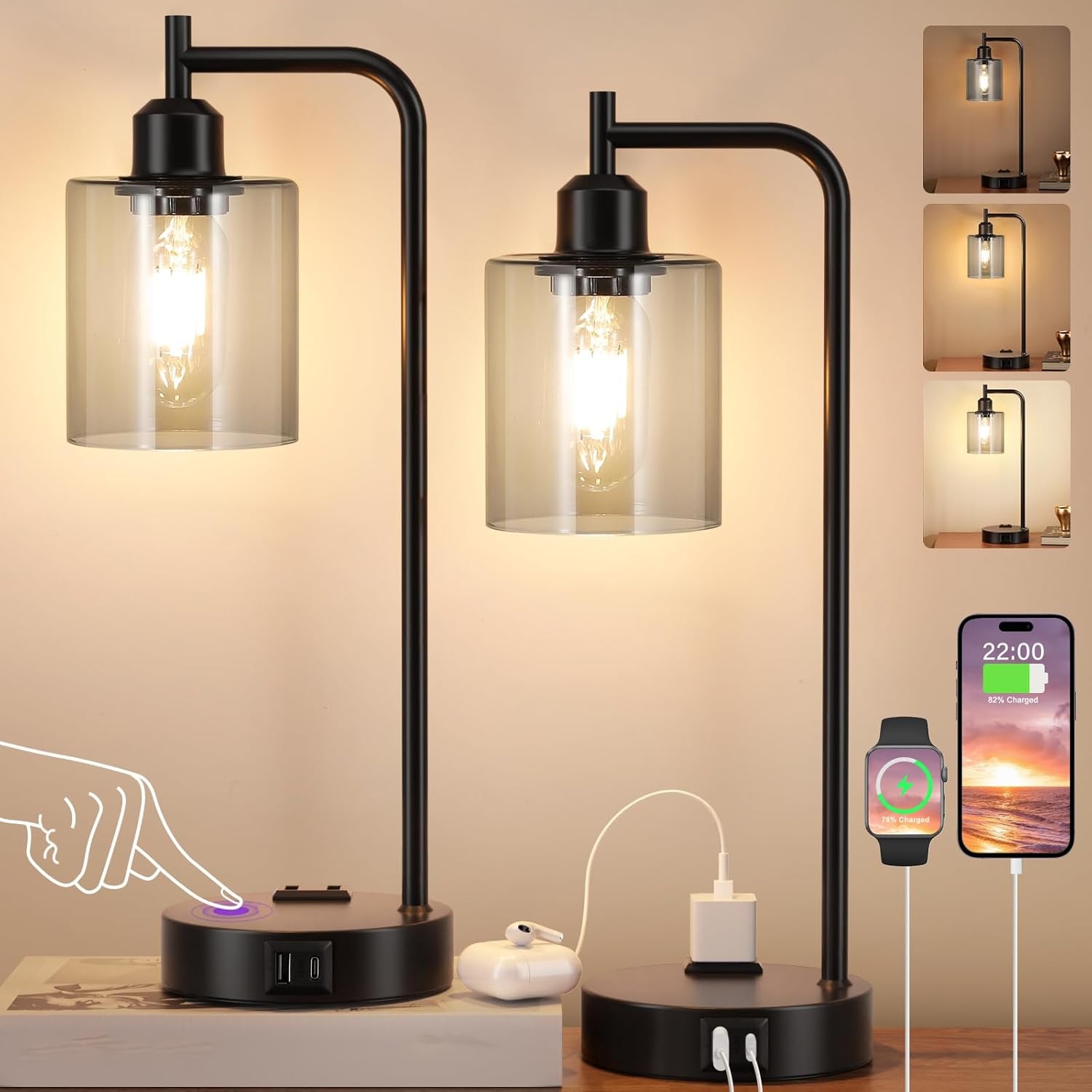 Industrial Touch Bedroom Lamps Set 2-3-Way Dimmable